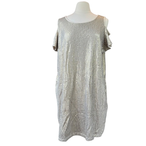 Chico's Dresses & Skirts - Chico's Gold Sequins Cold Shoulder Knit Sheath Dress Size 3 XL/16 NEW MSRP $139